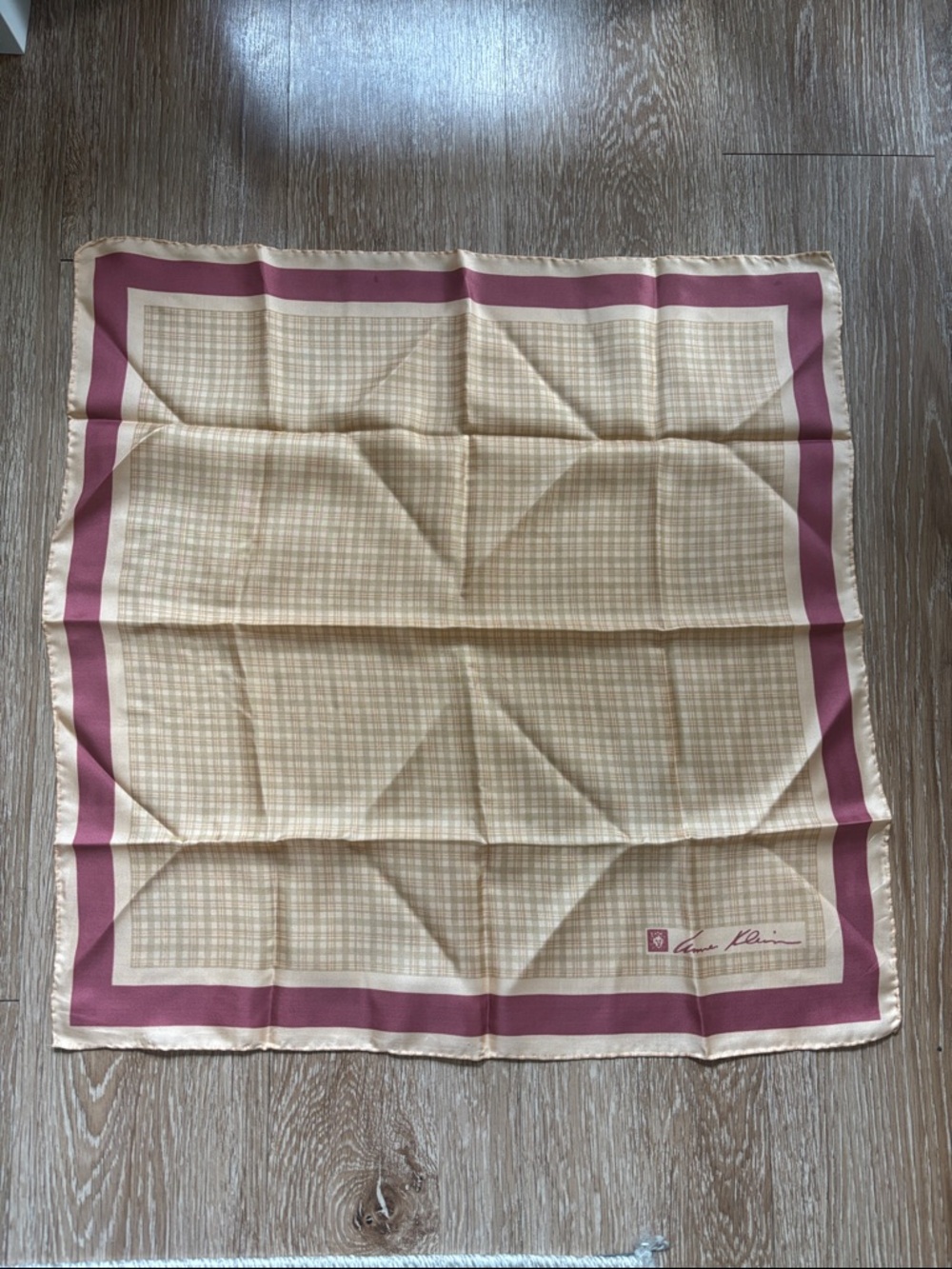 Anne Klein vintage silk square scarf, pink/peach plaid print